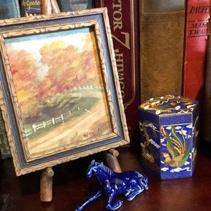 Vintage Cobalt Blue Cloisonné Hexagonal Brass Dragon Phoenix Tea Box